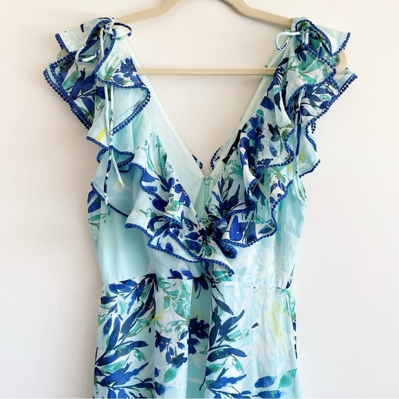 Lulus Sammi Blue Floral Ruffle wrap Maxi Dress Wedding Formal coastal beachy S - Picture 6 of 16